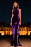 Purple Halter Neck Mermaid Long Velvet Holiday Party Dress