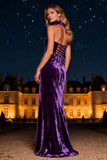 Purple Halter Neck Mermaid Long Velvet Holiday Party Dress