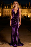 Sparkly Purple Long Mermaid Velvet Holiday Party Dress with Beading