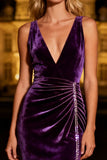 Sparkly Purple Long Mermaid Velvet Holiday Party Dress with Beading