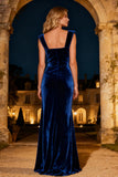 Royal Blue Mermaid Square Neck Long Velvet Holiday Party Dress with Slit