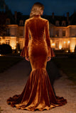 Brown Mermaid Long Ruffled Velvet Holiday Party Dress with Slit