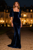 Navy Square Neck Mermaid Maxi Velvet Holiday Party Dress