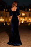 Navy Square Neck Mermaid Maxi Velvet Holiday Party Dress