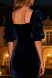 Navy Square Neck Mermaid Maxi Velvet Holiday Party Dress
