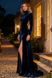 Navy Mermaid Velvet Long Holiday Party Dress with Slit