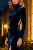 Navy Mermaid Velvet Long Holiday Party Dress with Slit