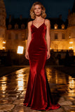 Burgundy Spaghetti Straps Mermaid Maxi Velvet Holiday Party Dress