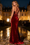 Burgundy Spaghetti Straps Mermaid Maxi Velvet Holiday Party Dress