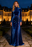 Sparkly Mermaid Royal Blue Long Velvet Holiday Party Dress with Beading