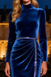Sparkly Mermaid Royal Blue Long Velvet Holiday Party Dress with Beading