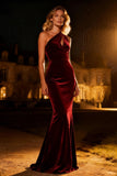Burgundy Mermaid One Shoulder Maxi Velvet Holiday Party Dress with Keyhole