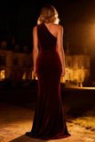 Burgundy Mermaid One Shoulder Maxi Velvet Holiday Party Dress with Keyhole