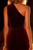 Burgundy Mermaid One Shoulder Maxi Velvet Holiday Party Dress with Keyhole