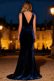Navy V-Neck Mermaid Ruched Long Velvet Holiday Party Dress