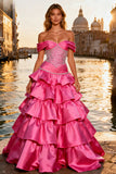 Sparkly Bright Pink Ruffled Long Beaded Prom Dress