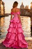 Sparkly Bright Pink Ruffled Long Beaded Prom Dress