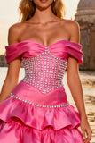 Sparkly Bright Pink Ruffled Long Beaded Prom Dress