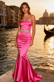 Sparkly Bright Pink Mermaid Long Strapless Prom Dress