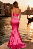 Sparkly Bright Pink Mermaid Long Strapless Prom Dress