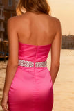 Sparkly Bright Pink Mermaid Long Strapless Prom Dress