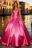 Sparkly Bright Pink Ball Gown Sweetheart Long Corset Prom Dress