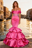 Sparkly Bright Pink Ruffled Mermaid Long Prom Dress