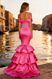 Sparkly Bright Pink Ruffled Mermaid Long Prom Dress
