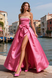 Bright Pink Pearls Strapless Long Prom Dress with Slit