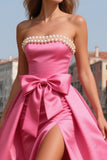 Bright Pink Pearls Strapless Long Prom Dress with Slit