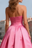 Bright Pink Pearls Strapless Long Prom Dress with Slit