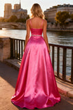 Sparkly Bright Pink A Line Spaghetti Straps Long Prom Dress