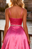 Sparkly Bright Pink A Line Spaghetti Straps Long Prom Dress