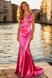 Sparkly Bright Pink V Neck Mermaid Beaded Long Prom Dress