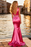 Sparkly Bright Pink V Neck Mermaid Beaded Long Prom Dress