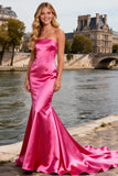 Bright Pink Mermaid Satin Long Prom Dress