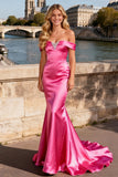 Sparkly Bright Pink Beaded Satin Mermaid Long Prom Dress