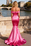 Sparkly Bright Pink Beaded Satin Mermaid Long Prom Dress
