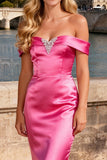 Sparkly Bright Pink Beaded Satin Mermaid Long Prom Dress