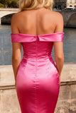 Sparkly Bright Pink Beaded Satin Mermaid Long Prom Dress