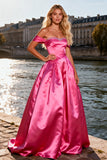 Sparkly Bright Pink A Line Off the Shoulder Long Prom Dress