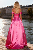 Sparkly Bright Pink A Line Off the Shoulder Long Prom Dress
