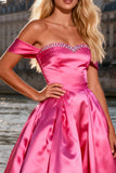 Sparkly Bright Pink A Line Off the Shoulder Long Prom Dress