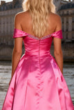 Sparkly Bright Pink A Line Off the Shoulder Long Prom Dress