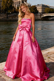 Sparkly Bright Pink Long Strapless Prom Dress with Bow