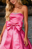 Sparkly Bright Pink Long Strapless Prom Dress with Bow