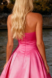Sparkly Bright Pink Long Strapless Prom Dress with Bow