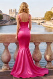 Bright Pink Thick Straps Satin Mermaid Long Prom Dress with Bow