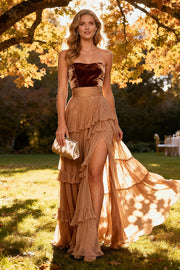 Khaki Tiered Strapless Chiffon Long Backless Wedding Guest Dress with Slit