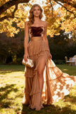 Khaki Tiered Strapless Chiffon Long Backless Wedding Guest Dress with Slit